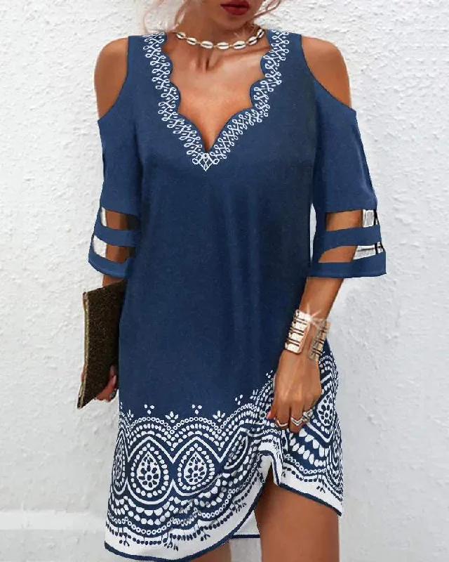 TRIBAL PRINT CONTRAST MESH COLD SHOULDER CASUAL DRESS