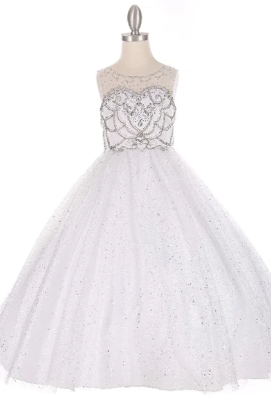 Girls Long Sleeveless Glitter Tulle Dress with Beaded Illusion Bodice 5042