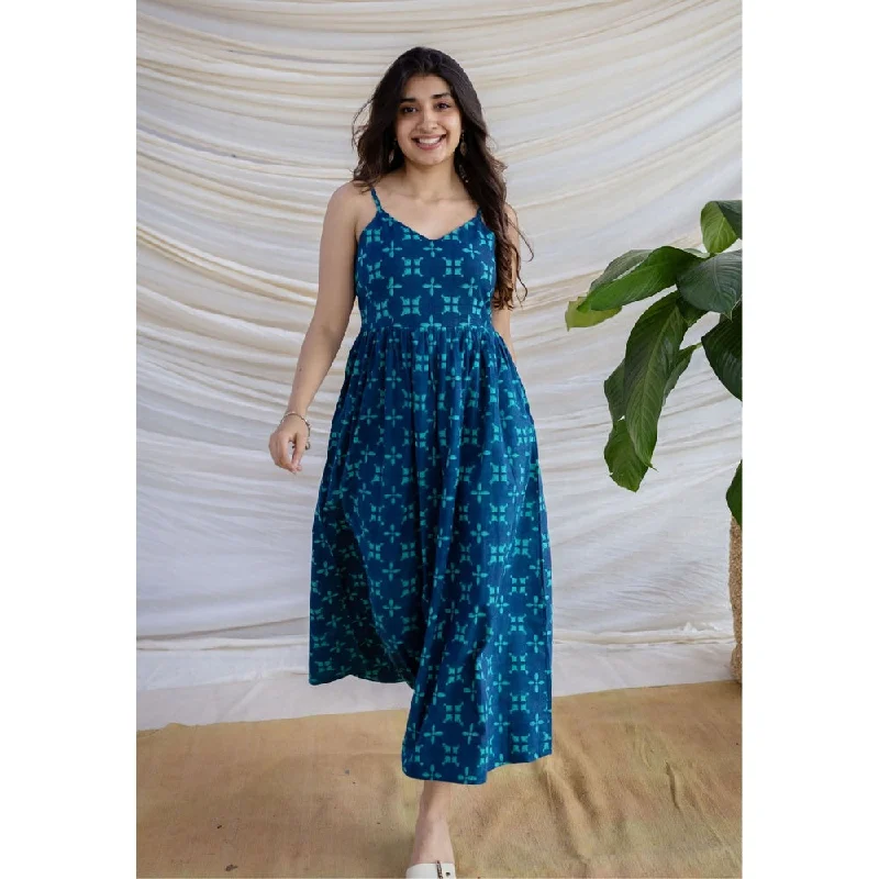 The Indian Ethnic Co. Blue A-Line Dabu Printed Cotton Dress With V Neck