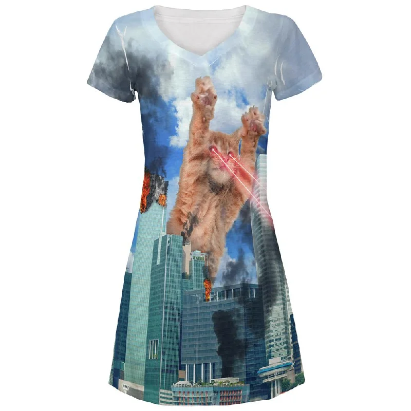 Giant Cat Laser Rampage and Destroy All Over Juniors Beach Cover-Up Dress