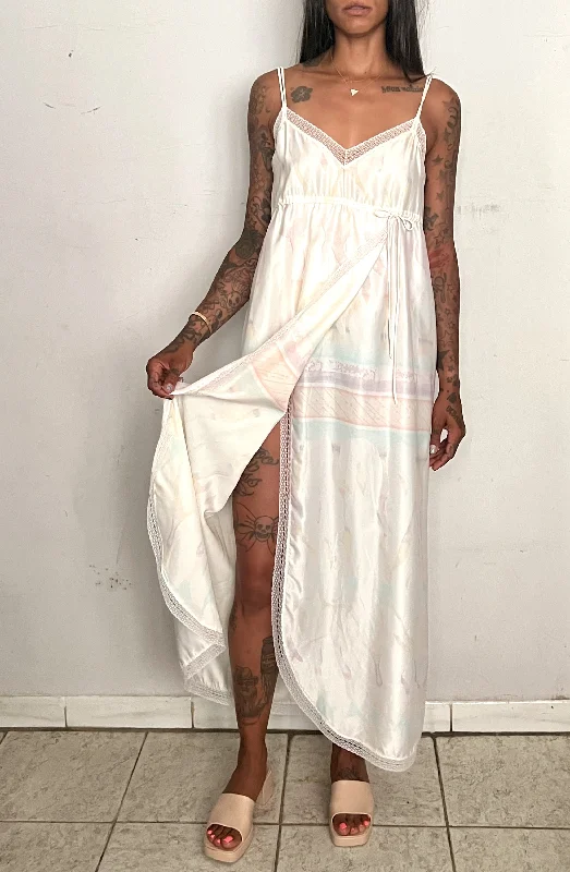 70S DESIGNER SLIP DRESS, PASTEL PRINT