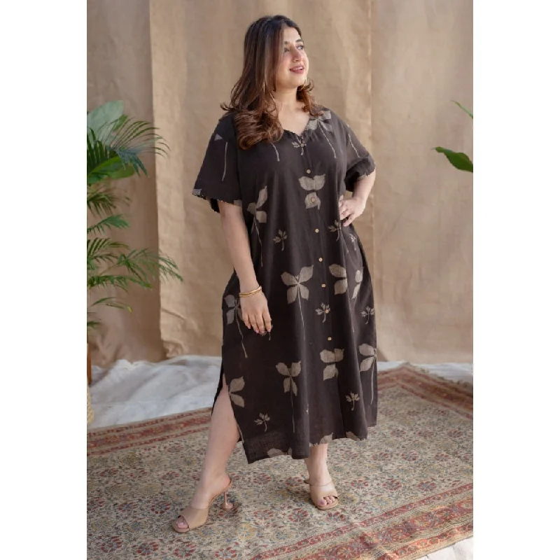 The Indian Ethnic Co. Charcoal Dabu Slub Cotton Hand Dress