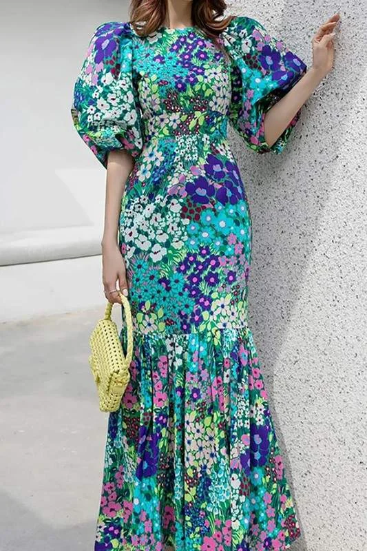 FLORAL PRINT PUFF SLEEVES DRESS