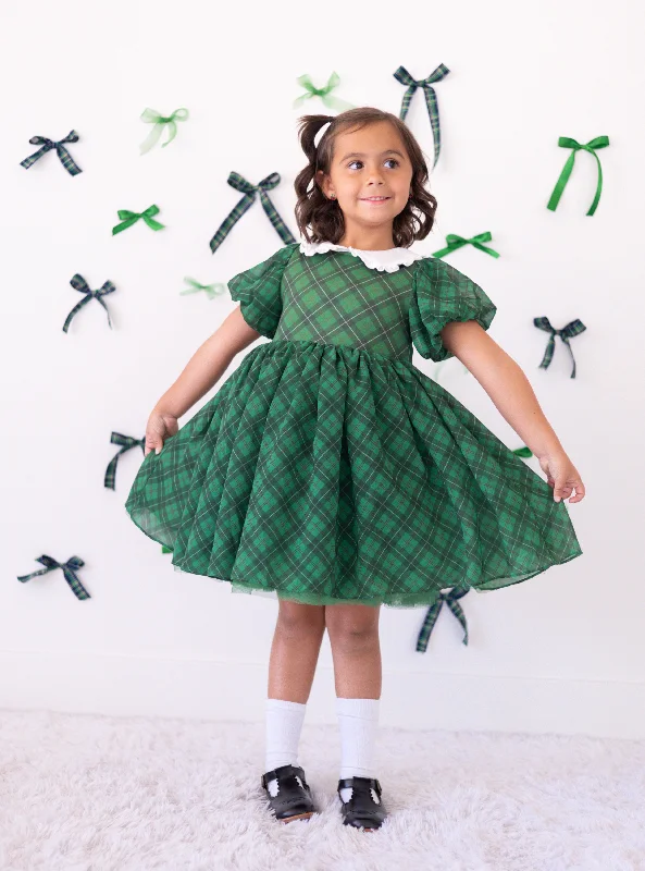 Green Plaid Puff Dress