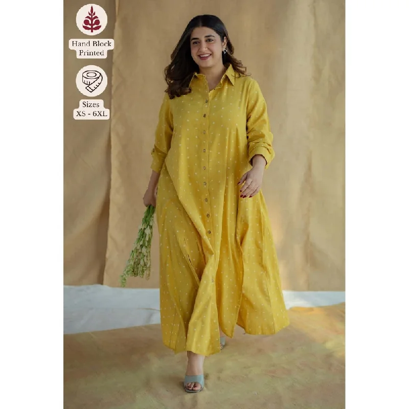The Indian Ethnic Co. Yellow A-Line Dabu Printed Slub Cotton Dress