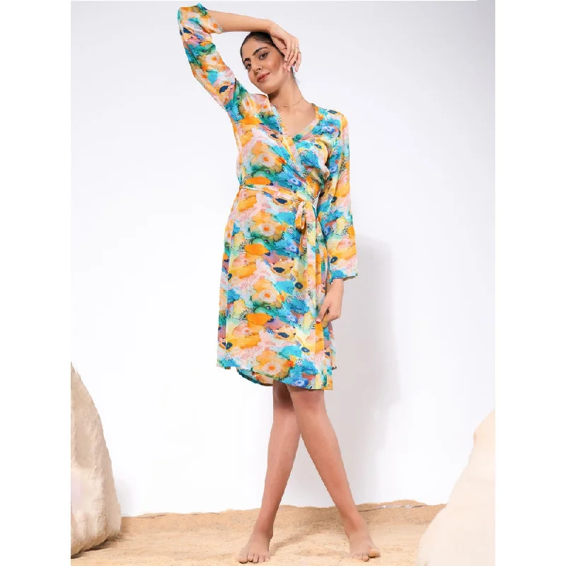 First Resort by Ramola Bachchan Multi Color Marine Print Wrap Around Dress