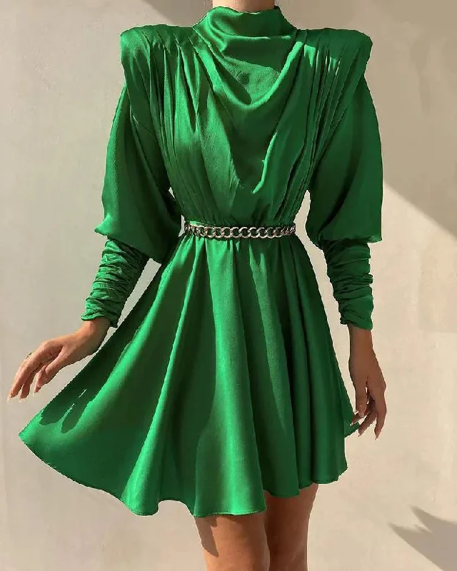 LONG SLEEVE RUCHED MOCK NECK CASUAL DRESS