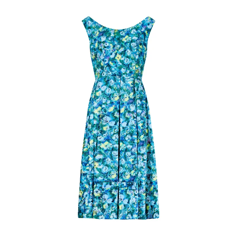 1960s Kitty Copeland Polished Cotton Green and Turquoise Dress
