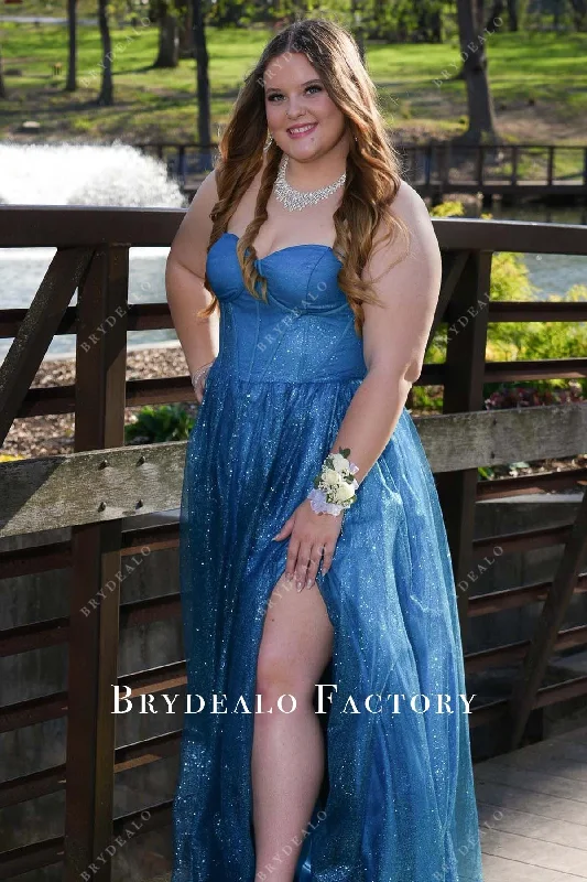 Homecoming Dress | Plus Size Glitter Ocean Blue Strapless A-Line Formal Gown
