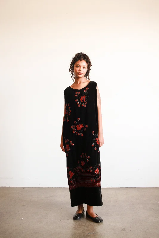 1920s Black Cotton Velvet Beaded Shift Dress