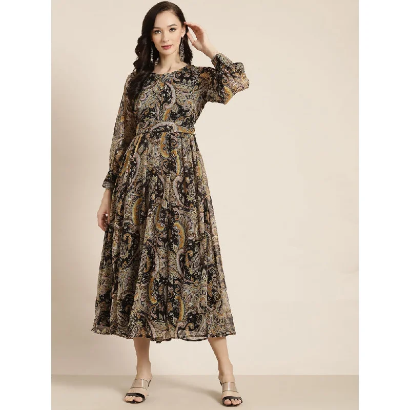 Juniper Black Alphin Chiffon Flared Printed Dress With Tie-Up Belt