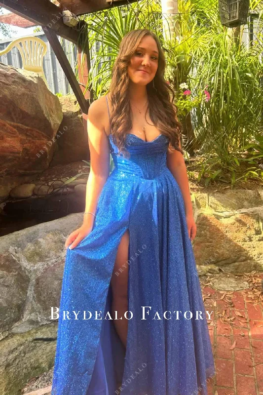 Homecoming Dress | Glitter Ocean Blue Spaghetti Straps A-Line Formal Gown