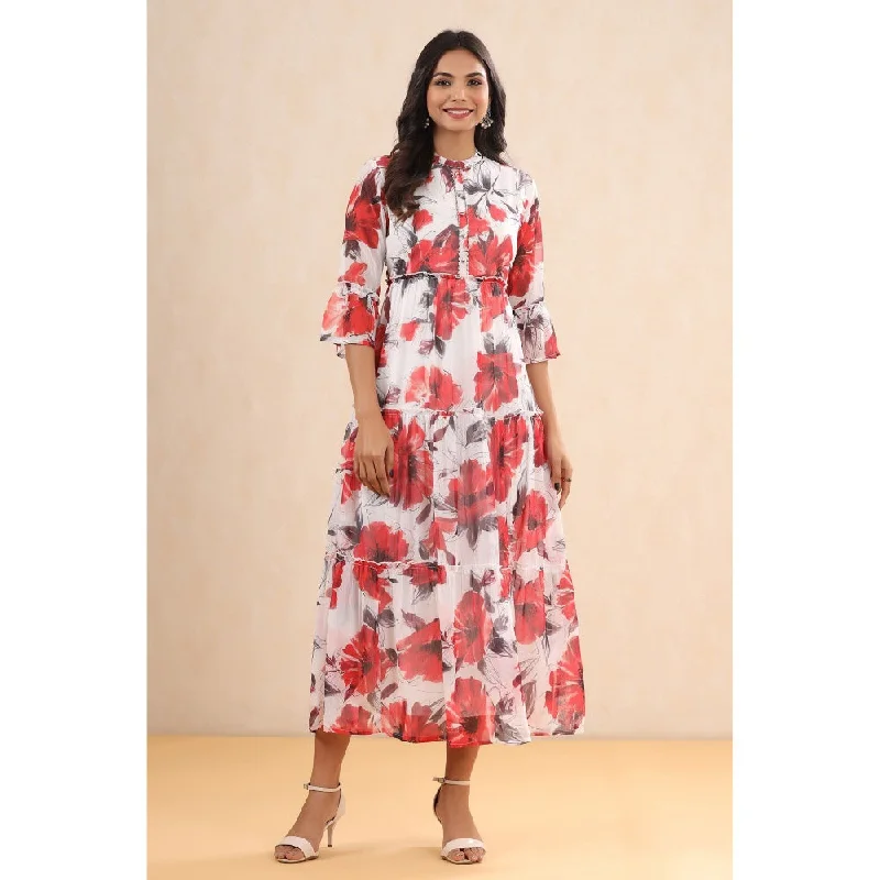 Juniper White Chiffon Printed Tiered Dress