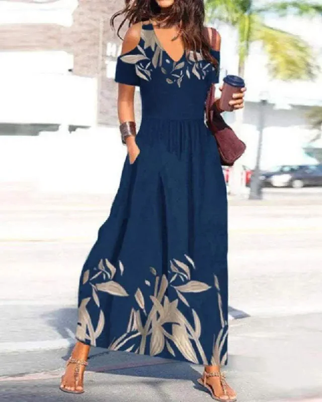 PLANTS PRINT COLD SHOULDER CASUAL DRESS