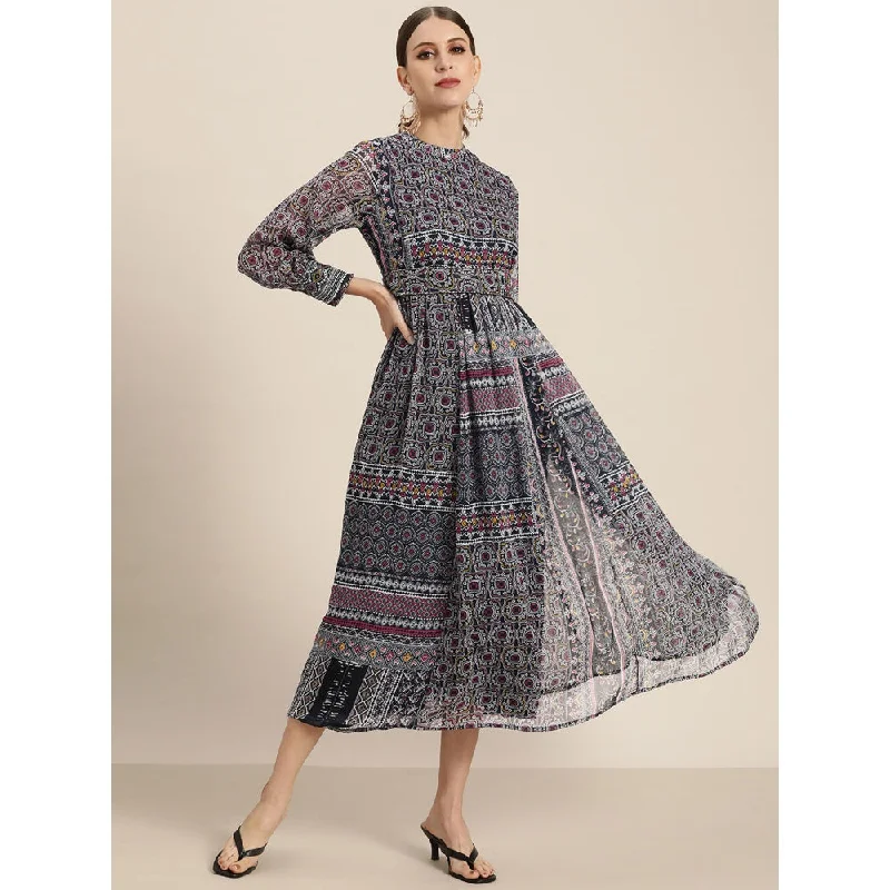 Juniper Navy Chiffon Printed Flared Dress With Belt (Set Of 2)