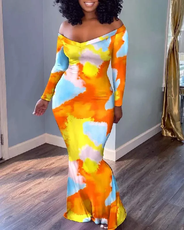 TIE DYE PRINT OFF SHOULDER MERMAID DRESS