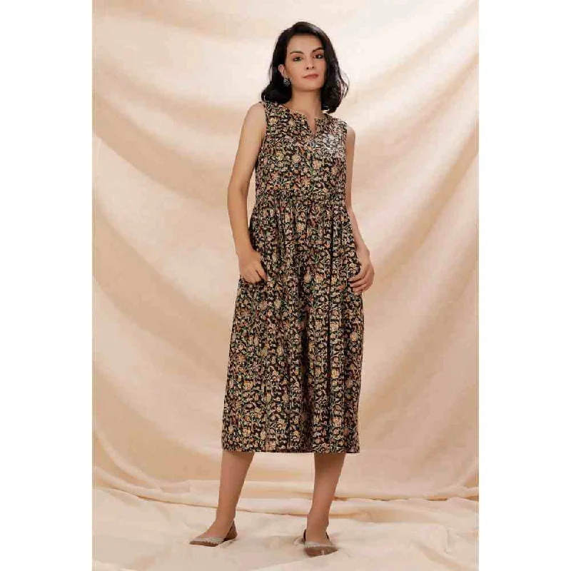 Tjori Black Kalamkari Gathered and Flared Cotton Dress