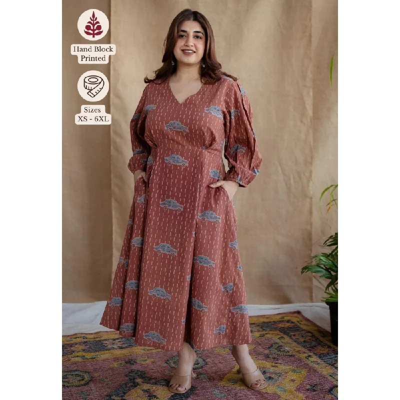 The Indian Ethnic Co. Brick Brown A-Line Ajrakh Printed Dress with V Neck & Full Sleeves