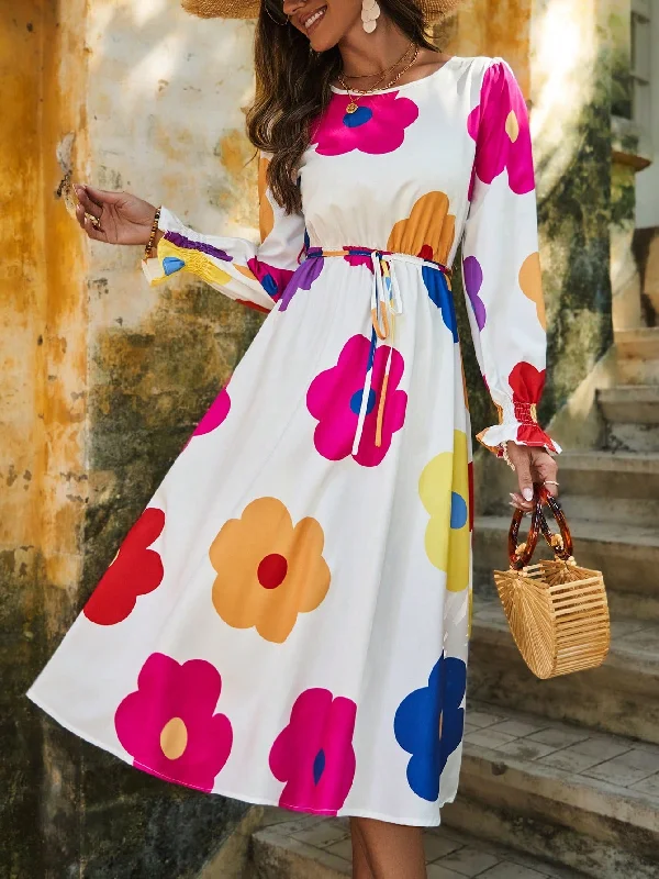 SHEIN LUNE Floral Print Round Neckline Gathered Waist Dress SD