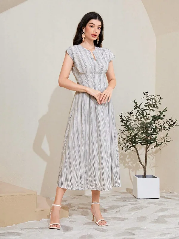 SHEIN Mulvari Cotton Striped Print Notched Neckline Dress SD