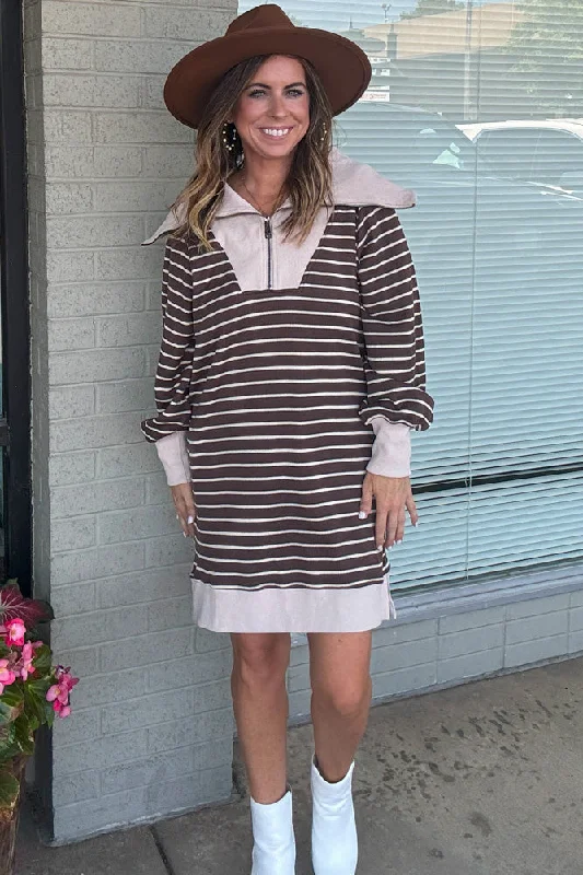 SALE-Knit Striped Contrast Trim Zipper Dress-Brown