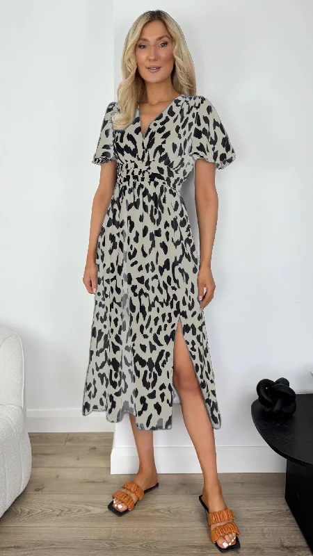 Ross Printed Dress with Front Slit - Taupe and Black