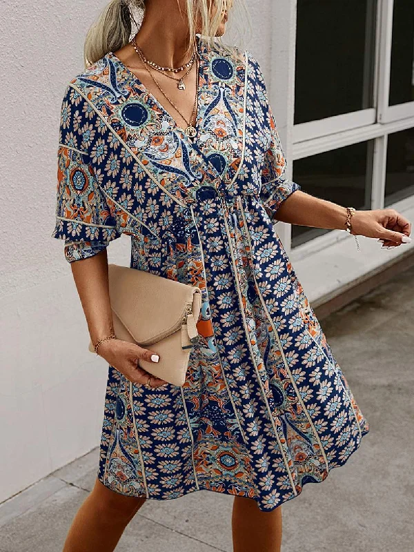 ALL OVER PRINT WRAP NECK TIE BACK DRESS