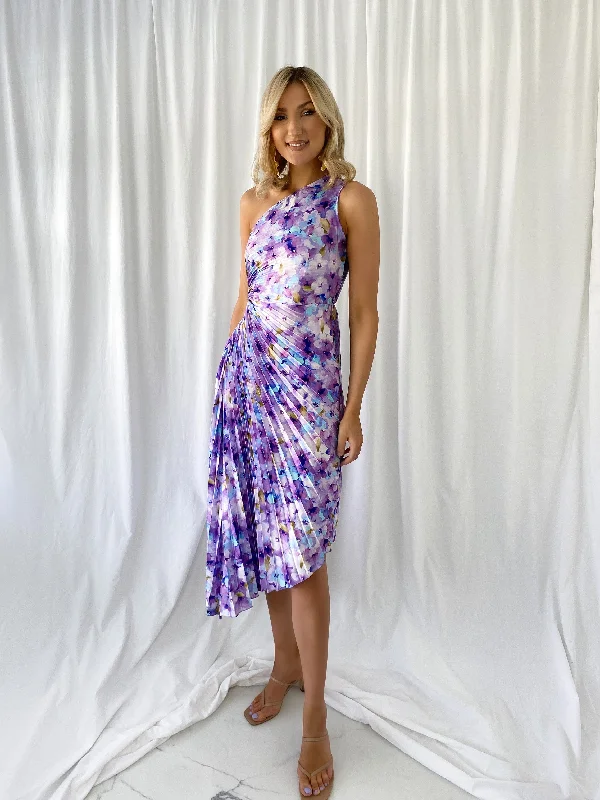 Margaret One Shoulder Draped Floral Dress - Purple and Blue