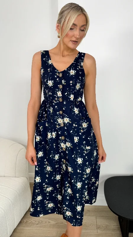 Carol Narrow Strap Print Dress - Navy