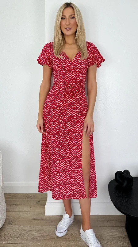 Kirsty Wrap Floral Dress with Slit - Red