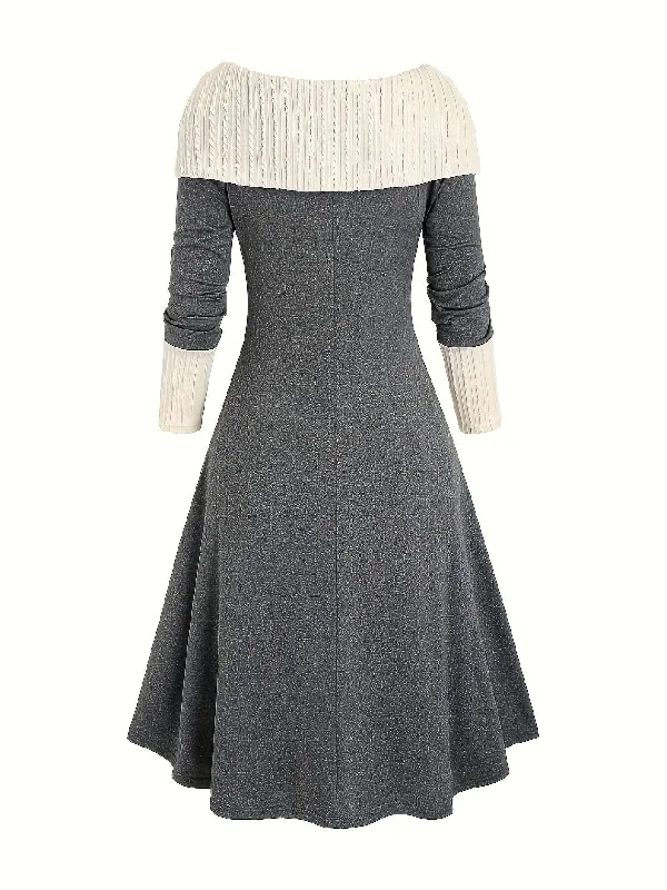 Plus Size Casual Dress, Women's Plus Colorblock Jacquard Long Sleeve Foldover Collar Lace Up Split Hem Dress