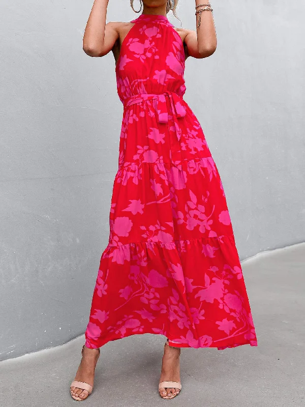 FLORAL PRINT RUFFLE HEM BELTED HALTER DRESS