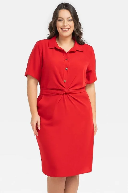 Plus Size Business Dress - Elegant Midi Kyoto Dress With Tie Waist, Pockets, And Short Sleeves