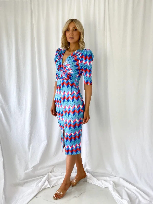 Vivi Printed Pencil Dress with Front Slit - Multicolour