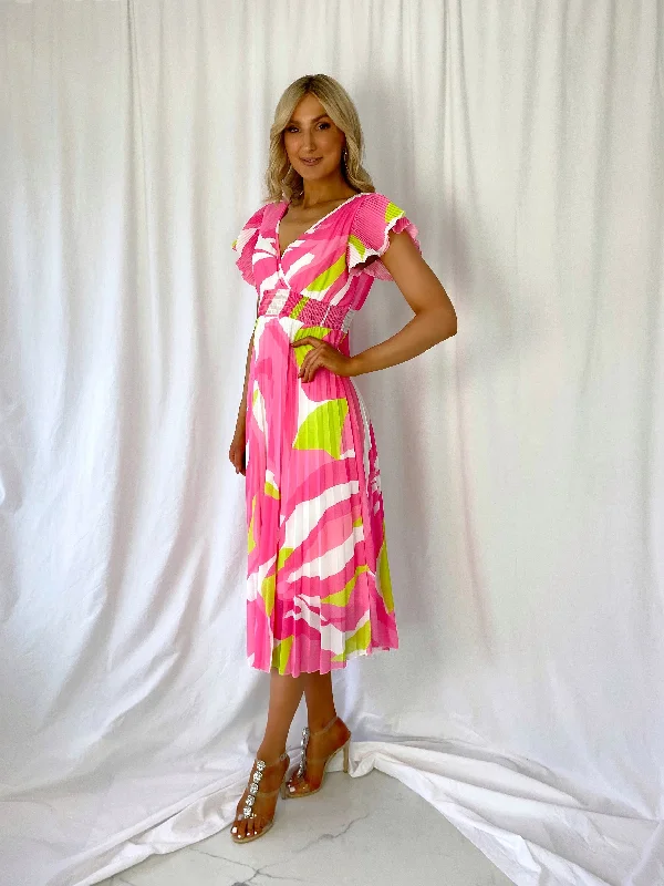 Charlotte Pleated Elasticated Printed Dress - Neon Pink