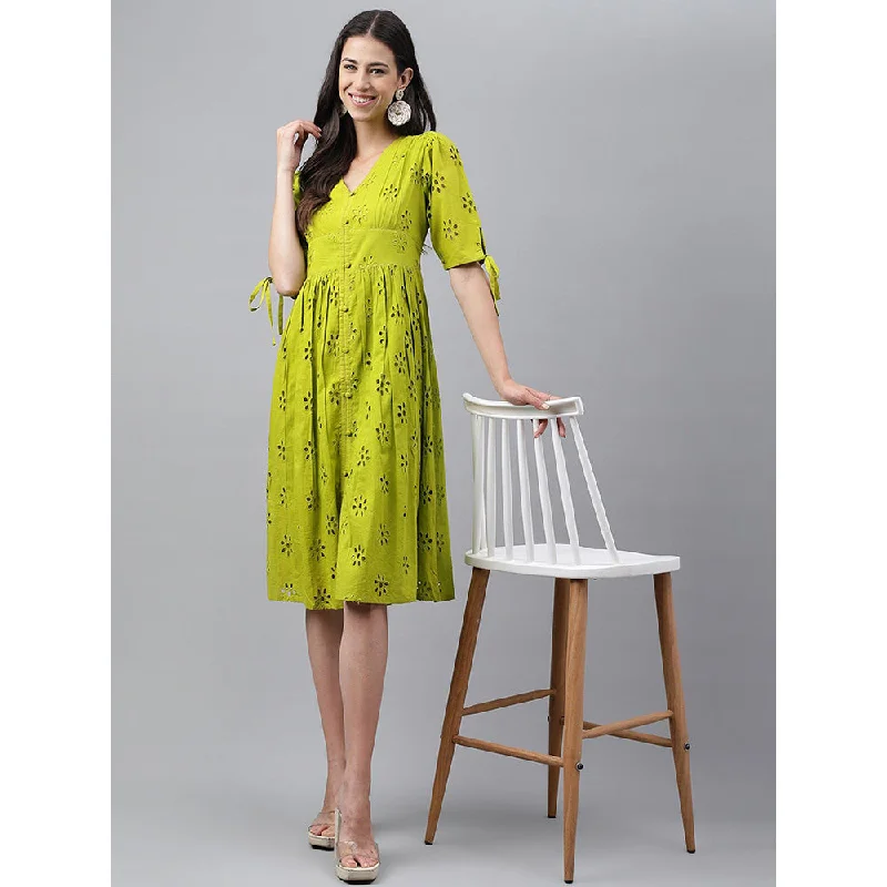 Janasya Womens Lime Green Cotton Schiffli Flared Western Dress