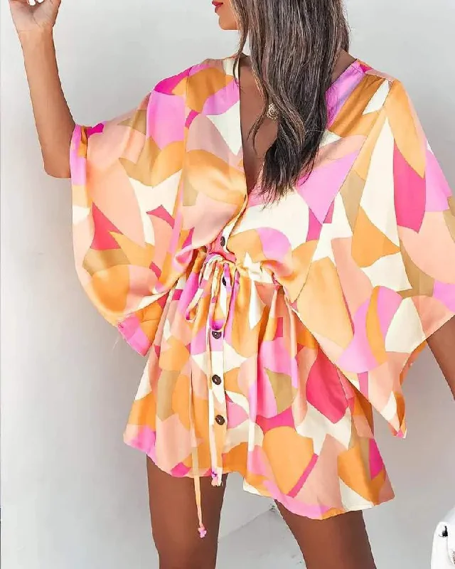 ALLOVER PRINT BUTTON FRONT DRAWSTRING CASUAL DRESS