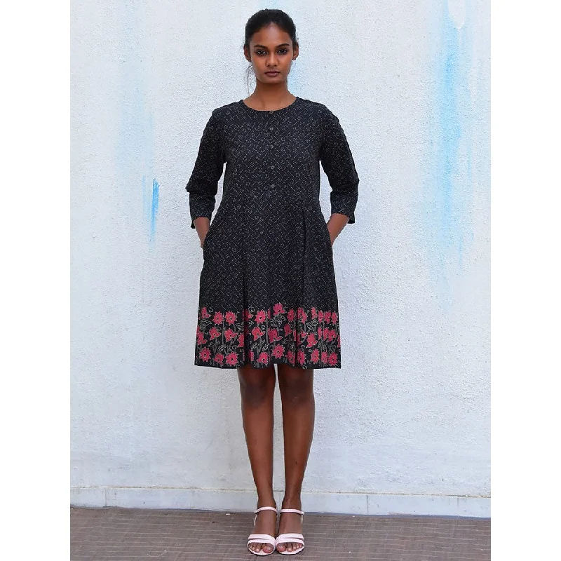 Chidiyaa Humming Bird Azure Whispers Black Hand Block Printed Cotton Dress