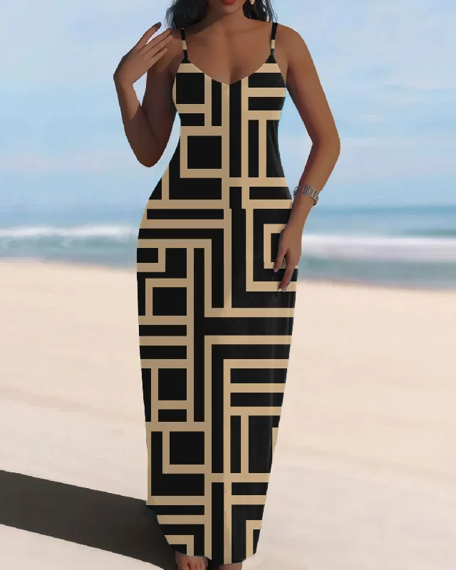 Sling Geometric Curve Pattern Pocket Dress