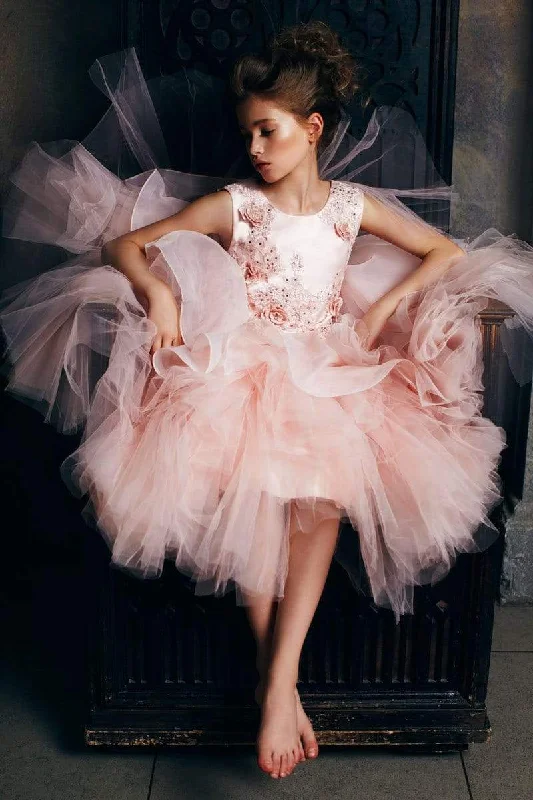 Tutu style Blush Flower Girl Dress with 3D rosettes