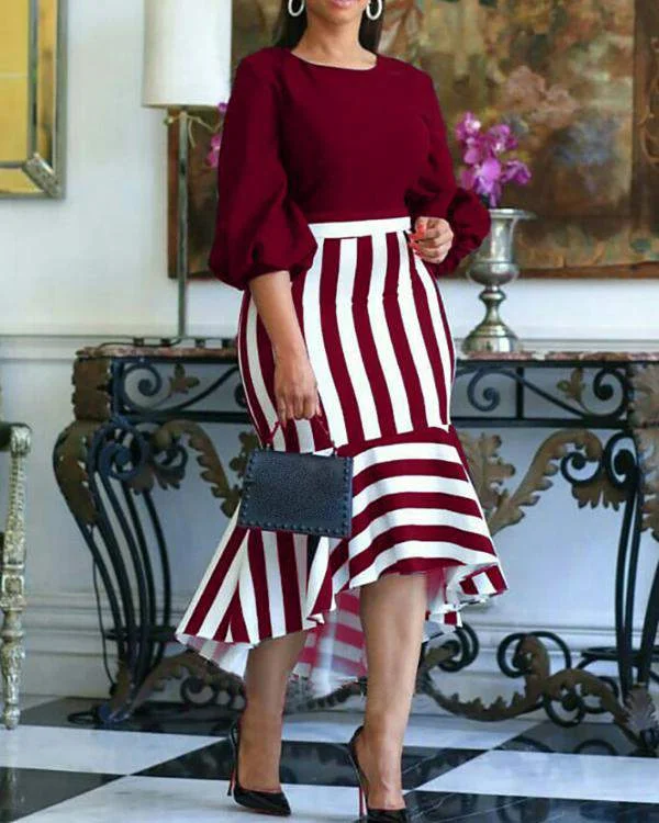Lantern Sleeve Striped Print Colorblock Ruffles Dress