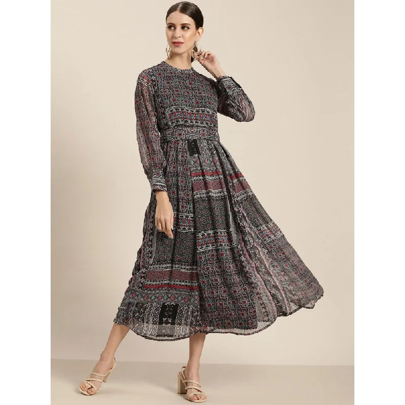 Juniper Black Chiffon Printed Flared Dress With Belt (Set Of 2)