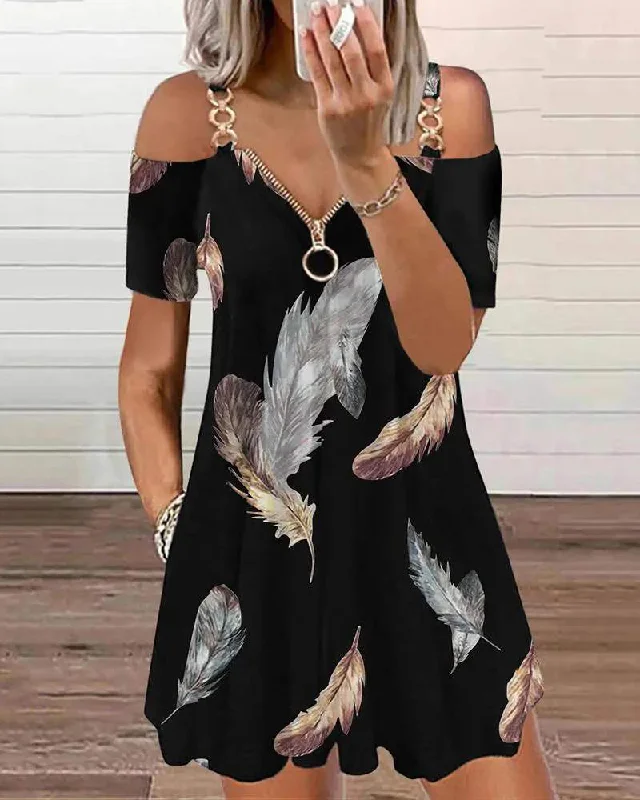 FEATHER PRINT COLD SHOULDER POCKET DESIGN CASUAL DRESS