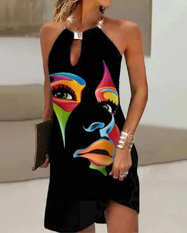 ABSTRACT FIGURE PRINT METAL HALTER CASUAL DRESS