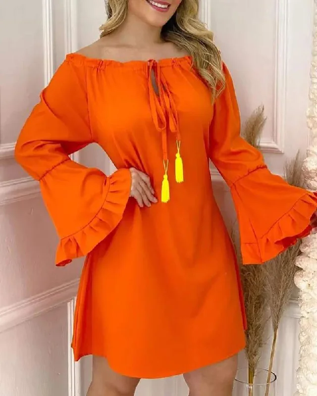 OFF SHOULDER TASSEL DESIGN BELL SLEEVE DRESS