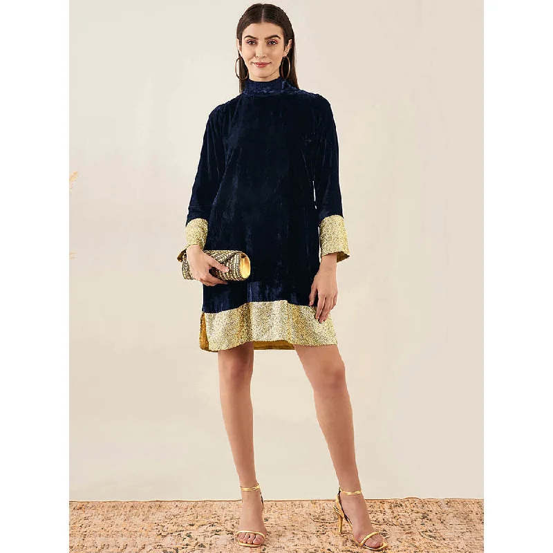 First Resort by Ramola Bachchan Blue Silk Velvet Dress with Gold Sequin Border