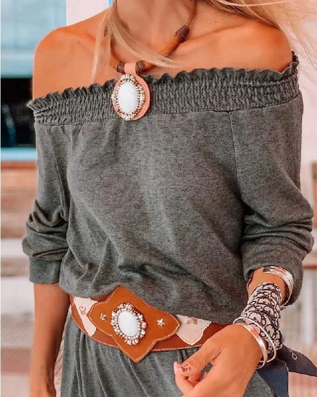 SHIRRED OFF SHOULDER SPLIT HEM CASUAL DRESS