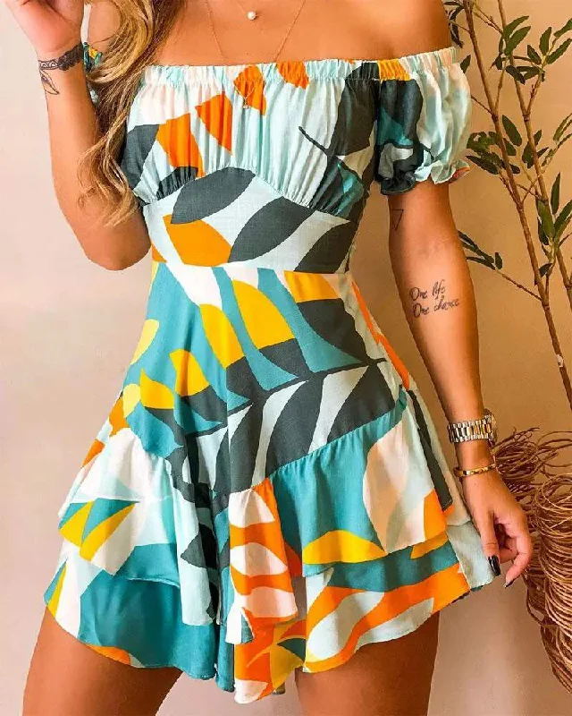 OFF SHOULDER RUFFLE HEM PLANTS PRINT DRESS