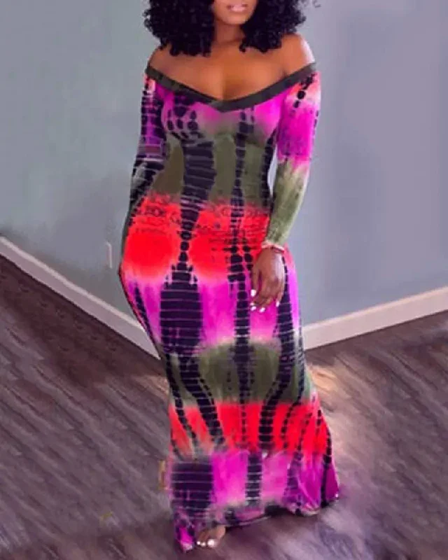 OFF SHOULDER ABSTRACT PRINT MERMAID DRESS