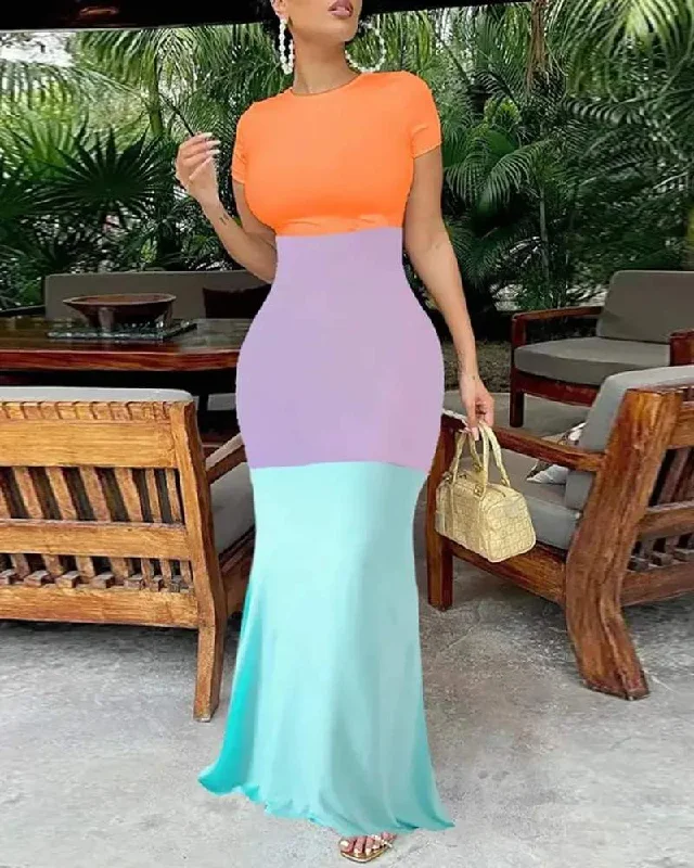 COLORBLOCK SHORT SLEEVE MERMAID DRESS